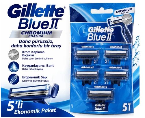 Gillette Blue II Chromium Tek Kullanımlık Çift Bıçaklı Tıraş Bıçağı 5 Adet Ekonomik Paket