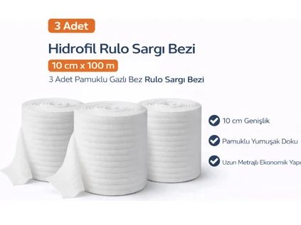 Popüler Sepet Hidrofil Rulo Sargı Bezi 10 cm x 100 M 3 Adet Pamuklu Gazlı Bez Rulo Sargı Bezi