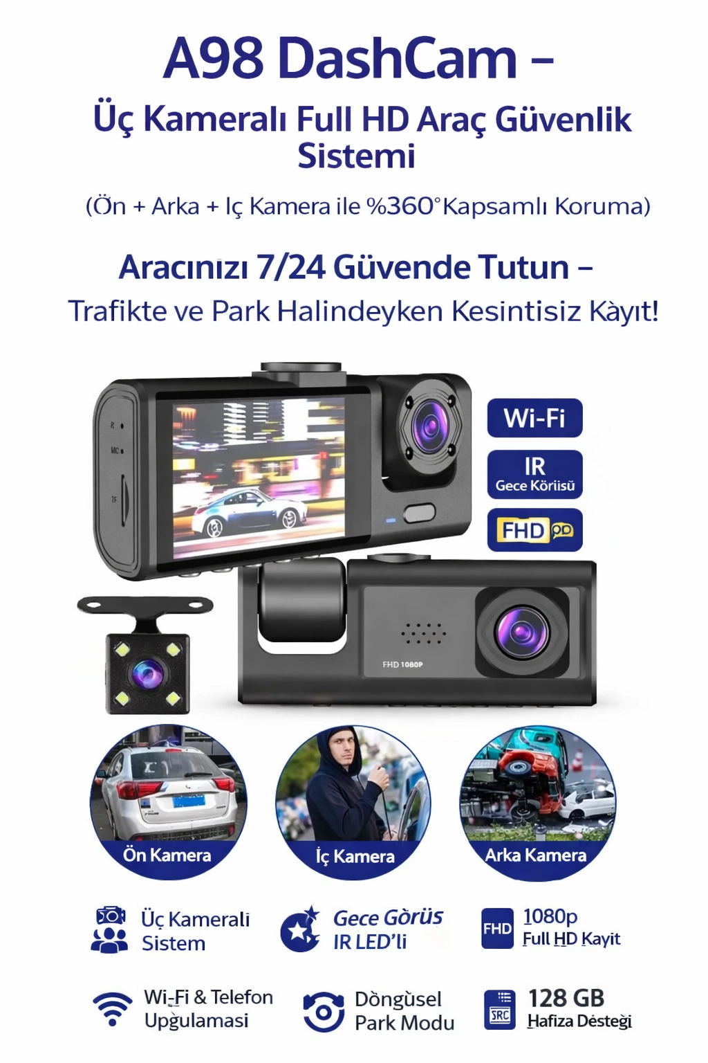 Akıllı Full HD 3 Kameralı Araç İçi Güvenlik Kamerası Ön-Arka-İç Kayıt, Park Modu