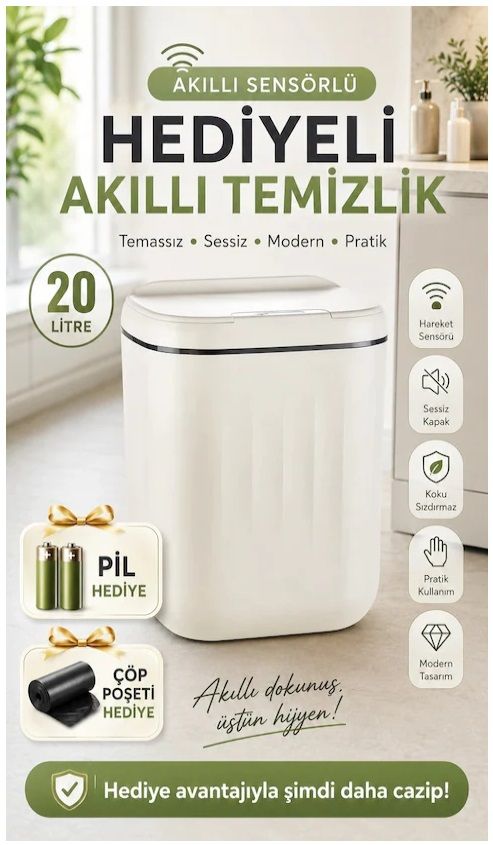Sensörlü Çöp Kovası 20 Litre Antibakteriyel Uv Işık Çöp Torbası Sabitleyici Aparat 4 Pil Hediyeli Beyaz 